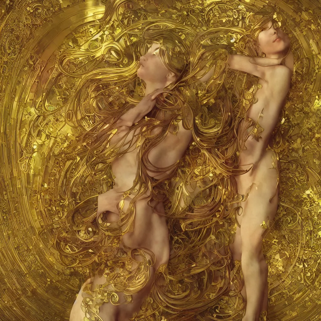 Prompt: human body made of thin golden and rainbow Art Nouveau, Alphonse Mucha, cinematic realistic photo, octane render