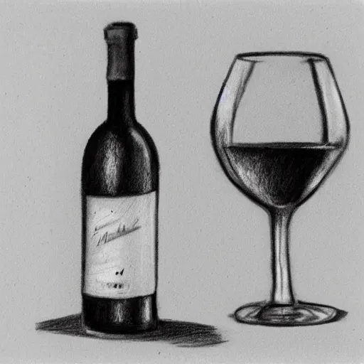 Image similar to bottle of wine drinking itself, pencil sketch, black and white