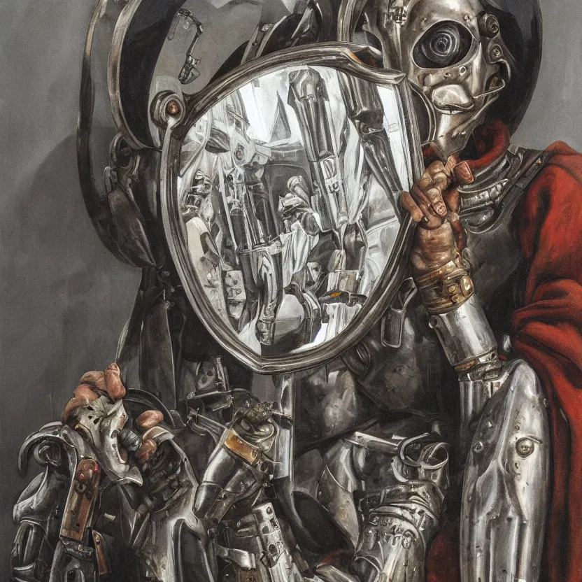 Image similar to oli painting of a medieval cyborg looking its reflection on a big mirror, mechanism visible symmetric defined ultra hd realistic tones