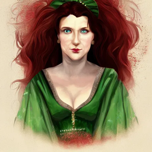 Prompt: portrait of a 40 years old women, dark red hair, green eyes, in historic clothing, digital art, medieval fantasy, white background