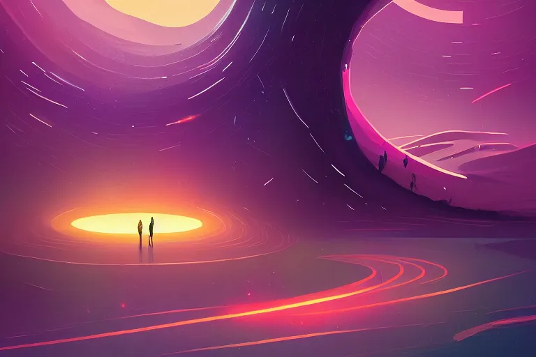 Prompt: humans and a black hole by petros afshar and james gilleard and alena aenami, trending on deviantart, masterpiece, detailed, warm colors