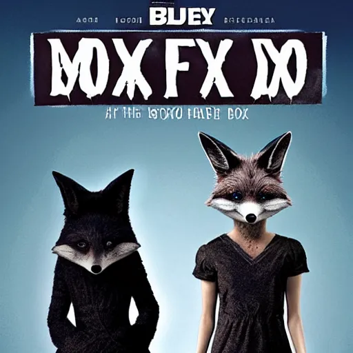 Prompt: blu-ray movie box cover for a horror film featuring an anthropomorphic black foxes dressed in casual clothing