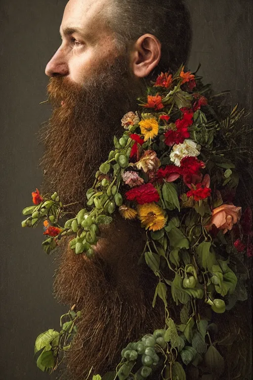 Image similar to a man's face in profile, with a long beard made of flowers and fruit, in the style of the Dutch masters and Gregory crewdson, dark and moody