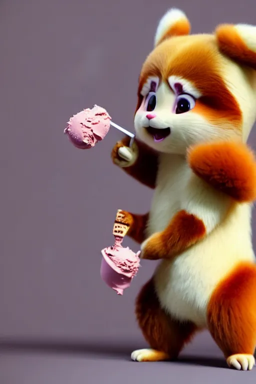 Image similar to high quality 3 d render hyperrealist very cute pastel fluffy! red panda & tarsier hybrid eating giant ice cream, vray smooth, in the style of detective pikachu, charlie immer, very dramatic light, low angle, uhd 8 k, shallow depth or field