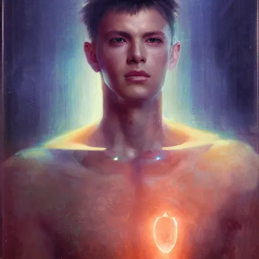 Image similar to handsome portrait of a young guy fitness posing, war hero, radiant light, caustics, translucent rainfall, ghost in the shell, by gaston bussiere, bayard wu, greg rutkowski, giger, maxim verehin