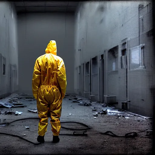 Image similar to news reporter in a hazmat suit 1 9 9 0 s news found footage of an abandoned soviet downtown with a humanoid scp hidden in background, liminal space, backrooms, scp, film grain, rundown, eerie, dark lighting, 3 5 mm, realistic, photograph, hazmat suits, foggy, silent hill style, detailed, hyperrealistic