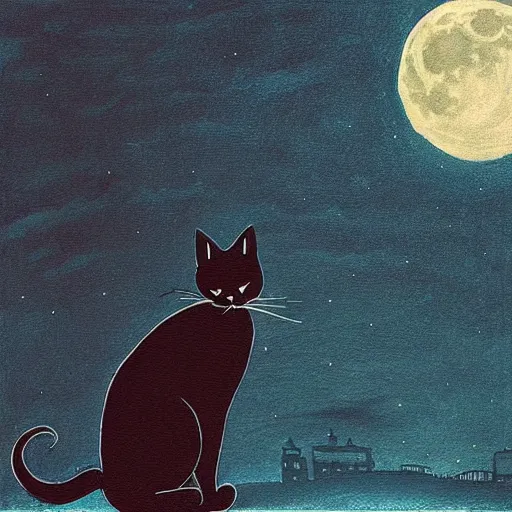 Image similar to “A black cat on top of a building at night with a full moon in the style of Vincent Van Vogh”