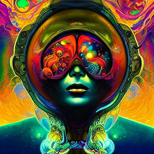 Image similar to An extremely psychedelic experience, colorful, surreal, dramatic lighting, cosmonaut, LSD, face, detailed, intricate, elegant, highly detailed, digital painting, artstation, concept art, smooth, sharp focus, illustration, art by Sam Spratt, Dan Mumford, Artem Demura and Alphonse Mucha