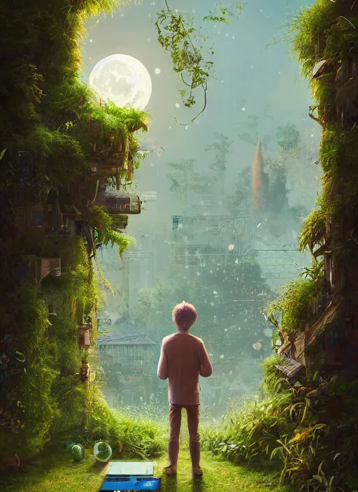 Image similar to lunarpunk portrait of a man looking out from his bedroom window to forest, city pop, au naturel, hyper detailed, digital art, trending in artstation, behance, deviantart, cinematic lighting, studio quality, smooth render, unreal engine 5 rendered, octane rendered, art style by pixar dreamworks warner bros disney riot games and ghibli studios