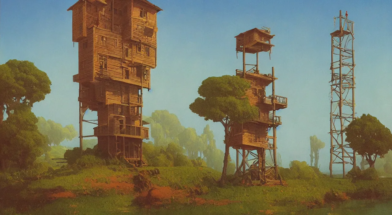 Prompt: single flooded simple wooden bush tower, very coherent and colorful high contrast!! masterpiece by rene magritte simon stalenhag carl spitzweg syd mead norman rockwell edward hopper james gilleard, minimalist, dark shadows, sunny day, hard lighting