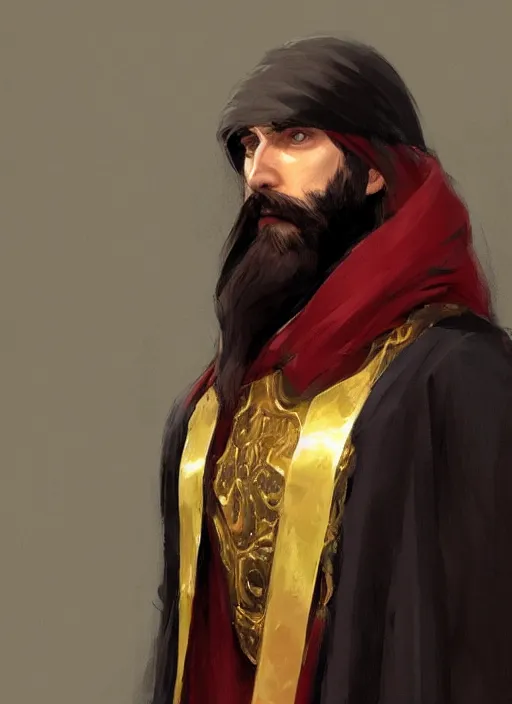 Image similar to character concept portrait of an attractive bearded young Rasputin dressed in a black, gold, and crimson robe with hood. Action pose. intricate, elegant, digital painting, concept art, smooth, sharp focus, illustration, from Metal Gear, by Ruan Jia and Mandy Jurgens and William-Adolphe Bouguereau, Artgerm