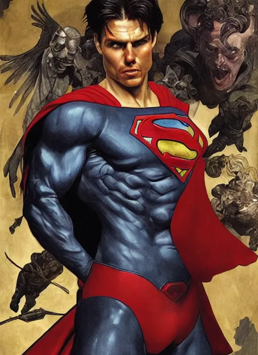 Image similar to renaissance grotesque portrait painting of old angry tom cruise as superman 2 0 7 7, sentry, superior, character redesign by lee bermejo and greg rutkowski and alphonse mucha