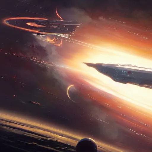 Image similar to concept art of a large space vessel flying in the space by greg rutkowski