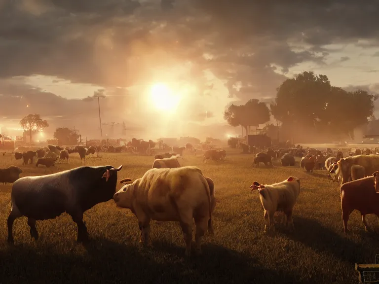 Image similar to livestock revolting against farmers, 8 k, ultra realistic, lens flare, atmosphere, glow, detailed, intricate, full of colour, cinematic lighting, trending on artstation, 4 k, hyperrealistic, focused, extreme details, unreal engine 5, cinematic, masterpiece