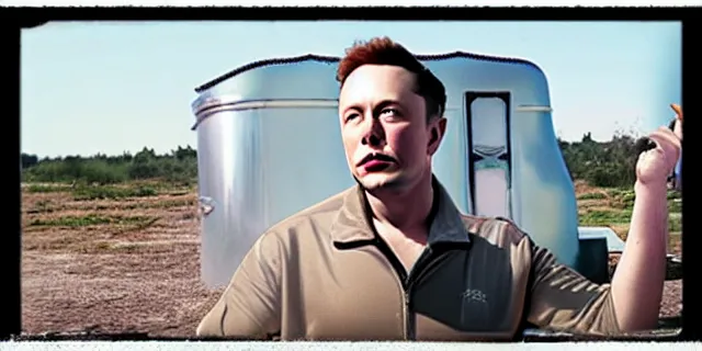 Image similar to full distant shot of balding elon musk in a tracksuit drinking beer in dirty cheap old trailer, by ken loach