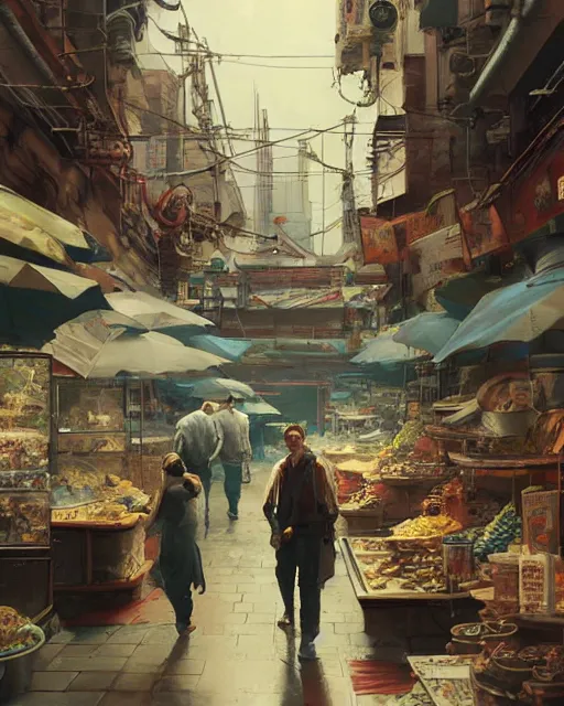 Image similar to a highly detailed epic cinematic concept art CG render digital painting artwork: Tokyo city market. By Greg Rutkowski, in the style of Francis Bacon and Syd Mead and Norman Rockwell and Beksinski, open ceiling, highly detailed, painted by Francis Bacon and Edward Hopper, painted by James Gilleard, surrealism, airbrush, Ilya Kuvshinov, WLOP, Stanley Artgerm, very coherent, triadic color scheme, art by Takato Yamamoto and James Jean