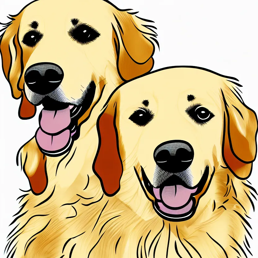 Image similar to golden retriever, full portrait, wide angle, solid white background, line art cartoon