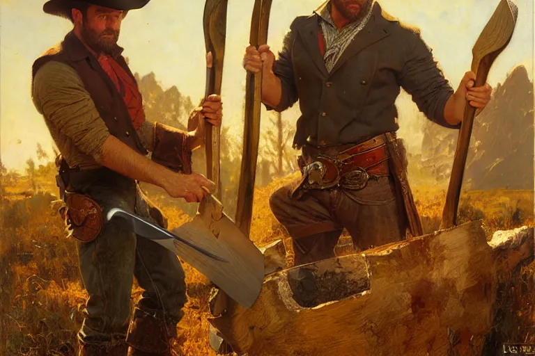 Image similar to arthur morgan chopping wood painting by gaston bussiere, craig mullins, j. c. leyendecker, tom of finland