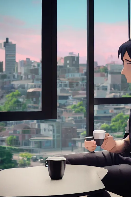 Prompt: a man sitting on a café table mext to a window and holding a cup of coffee at sunset, anime style, Pixar style, black hair, 4K, cartoon, concept art, octane render, unreal engine 5, path tracing, complementary colours, serene scene, warm, cute, natural lighting, high quality, highly detailed, high coherence, defined face, five fingers, anatomically correct, soft lighting