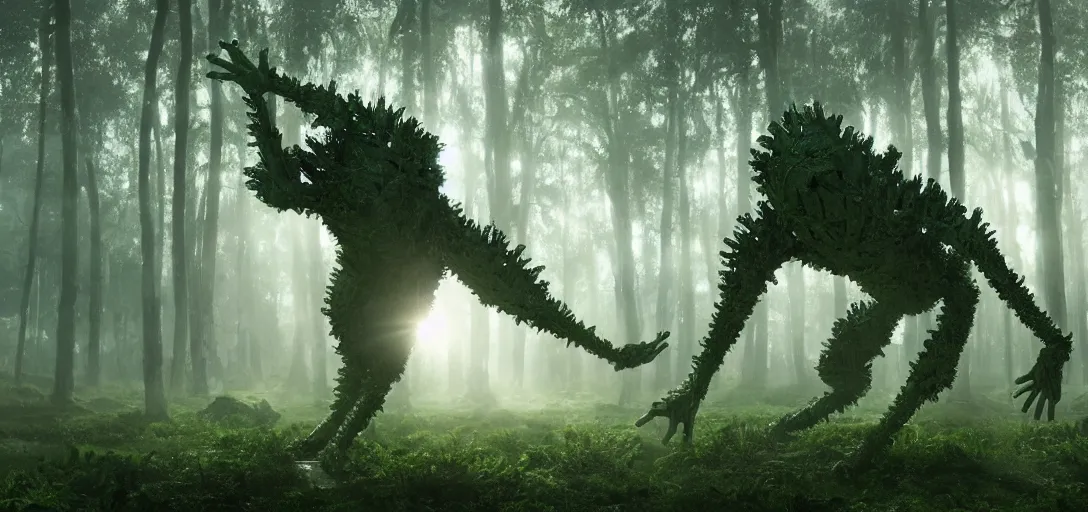 Image similar to a complex organic fractal 3 d metallic symbiotic ceramic humanoid megastructure creature in a swampy lush forest, foggy, sun rays, cinematic shot, photo still from movie by ari aster