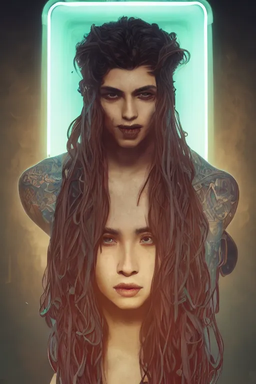 Prompt: 3 / 4 portrait, male vampire of clan banu haqim, light brown skin, night, loose braided blue hair, beautiful, in a modern city, neon signs, jewelry, tattoos, alphonse mucha, william bouguereau, rossdraws, greg rutkowski, super detailed, realistic, octane render, volumetric, cinematic, 8 k