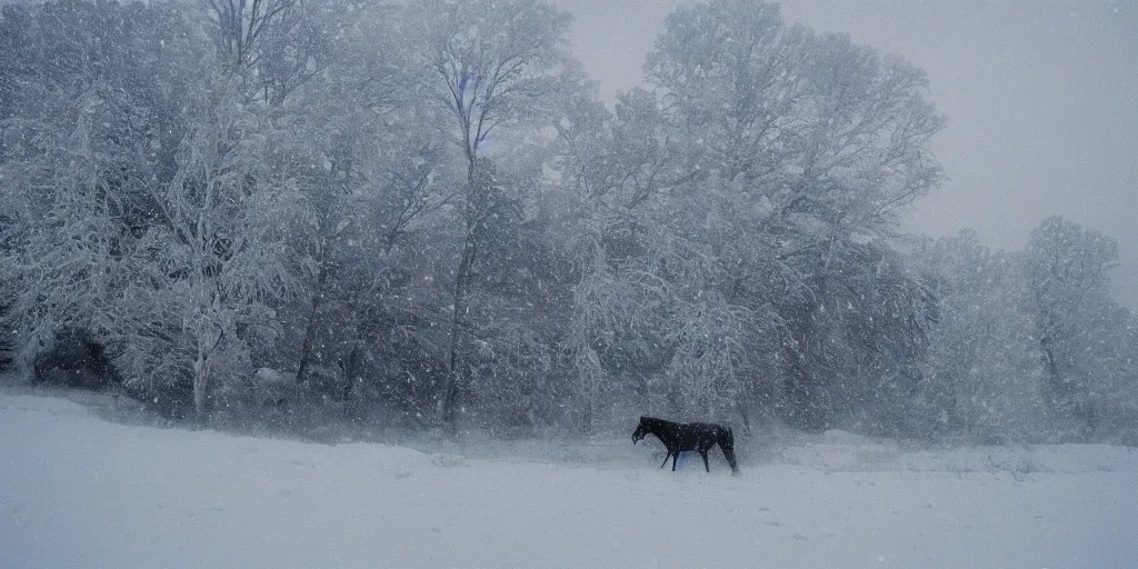 Image similar to photo of green river, wyoming, native american cliff dwellings, covered in ice and snow, during a snowstorm. a horse appears as a hazy silhouette in the distance. cold color temperature. blue hour morning light, snow storm. hazy atmosphere. humidity haze. kodak ektachrome, greenish expired film, award winning, low contrast.