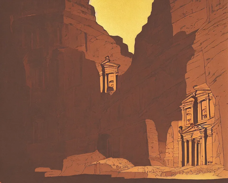 Prompt: achingly beautiful print of the Treasury at Petra bathed in moonlight by Hasui Kawase and Lyonel Feininger.