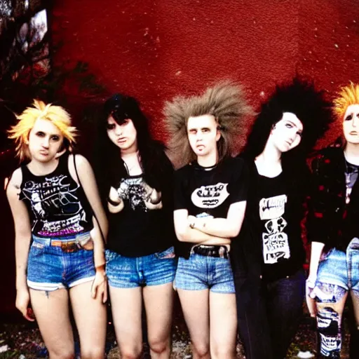 Image similar to Group of 19-year-old women holding electric guitars, shaggy hair, punk rock, riot grrl, hardcore punk, post-hardcore, alternative rock, band promo photo, 1994 photograph