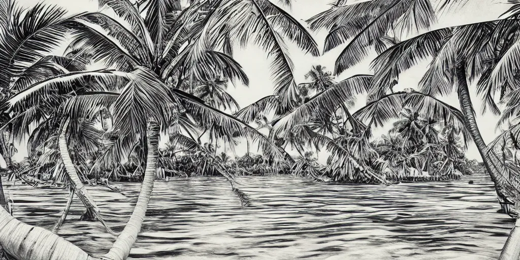 Image similar to tropical island, 8 k, high resolution, detailed charcoal drawing, beautiful hd, art nouveau, concept art, colourful, in the style of vadym meller