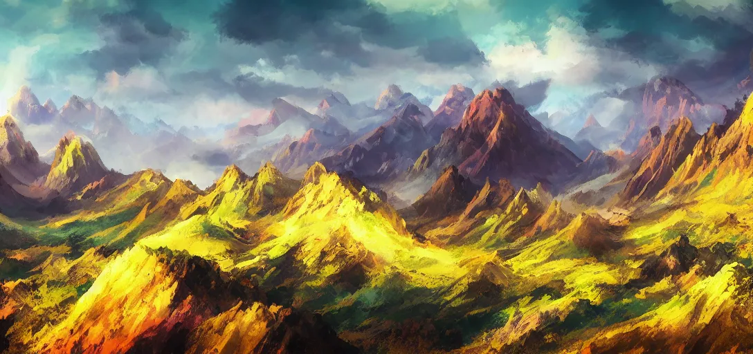 Image similar to vast mountain landscape, craggy mountains, magic the gathering, three - colors, three - color color palette, panoramic, wide angle, horizon, highly detailed