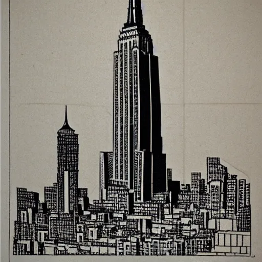 Prompt: escher woodcut of a the empire state building