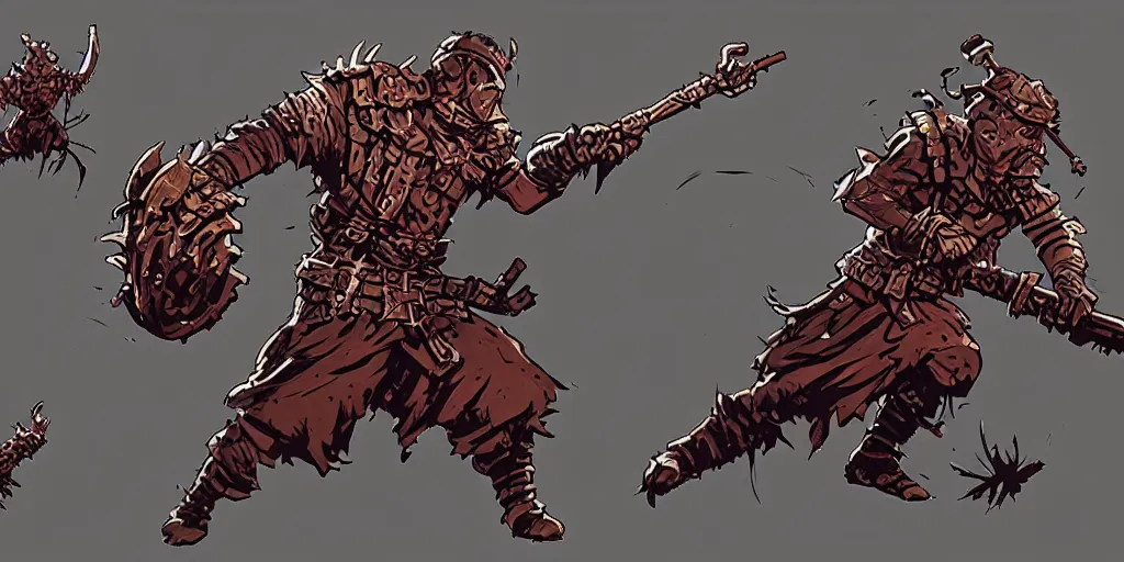 Image similar to warrior character design, idle, attack, sprite, darkest dungeon, pc game, sideview, transparent background, art by moebius and greg rutkowski.