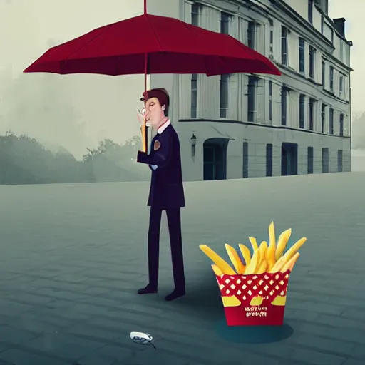 Image similar to a man with umbrella hiding from french fries falling from the sky, digital art, illustration, hyper realistic