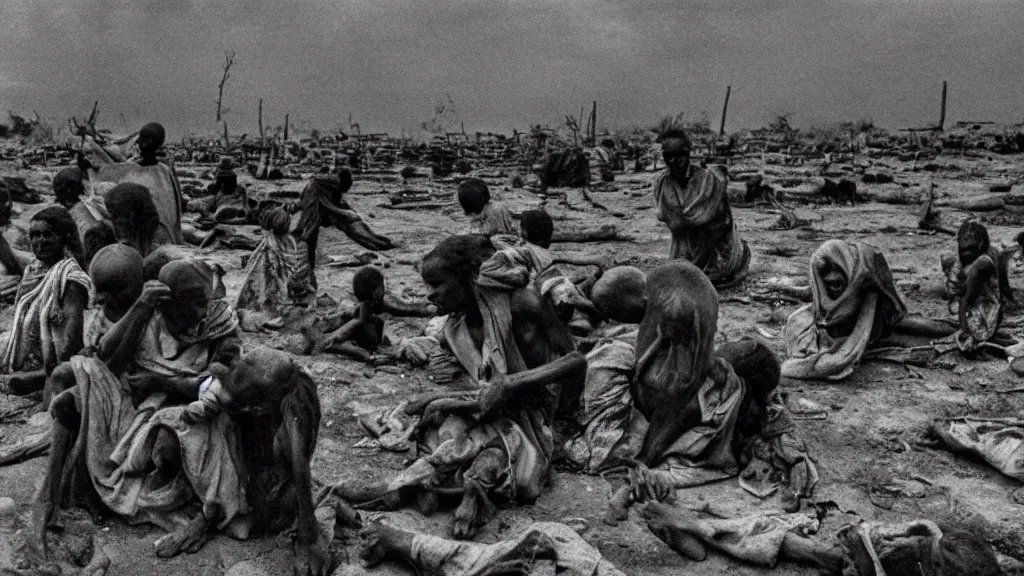 Prompt: 1 9 8 4 ethiopian famine and drought, dark, moody, in the cover of new york times, 8 k