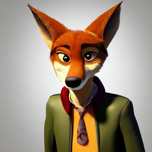 Image similar to portrait, 3 d render, anthropomorphic coyote male, wearing along brown leather jacket, in the style of zootopia, centered on face