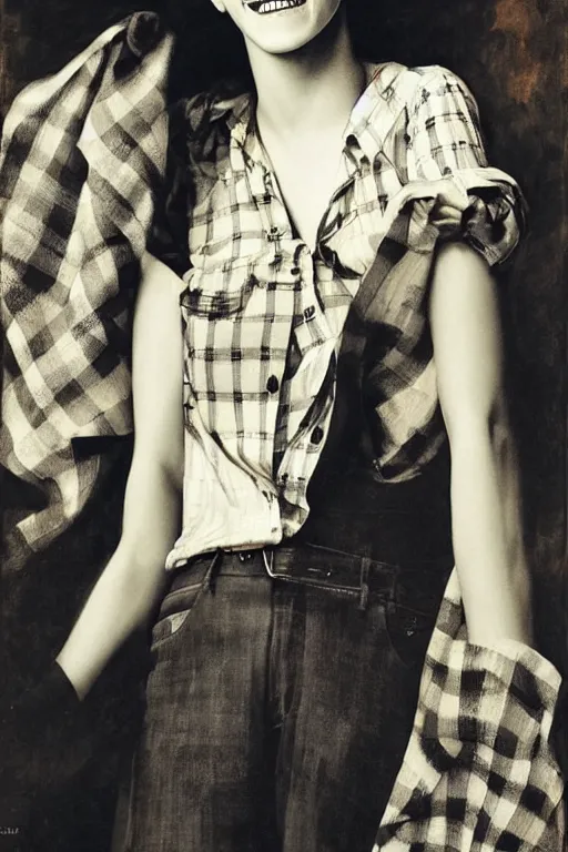 Prompt: emma watson smiling checkered shirt gaston bussiere craig mullins j. c. leyendecker richard avedon peter lindbergh