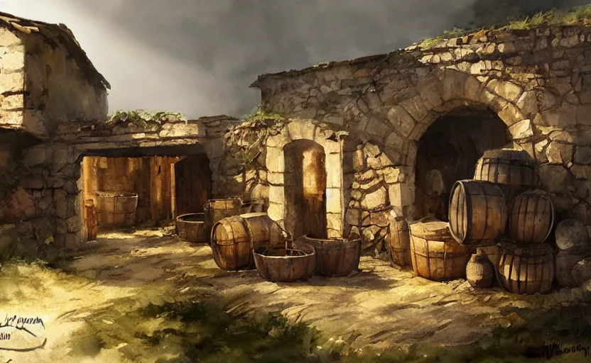 Prompt: watercolor painting of rustic wine cellar, ruins, wooden crates and barrels, stone walls, lantern, very beautiful ambient lighting, sun rays, dust, art by anders zorn, wonderful masterpiece by greg rutkowski, cinematic light, american romanticism by greg manchess, creation by tyler edlin