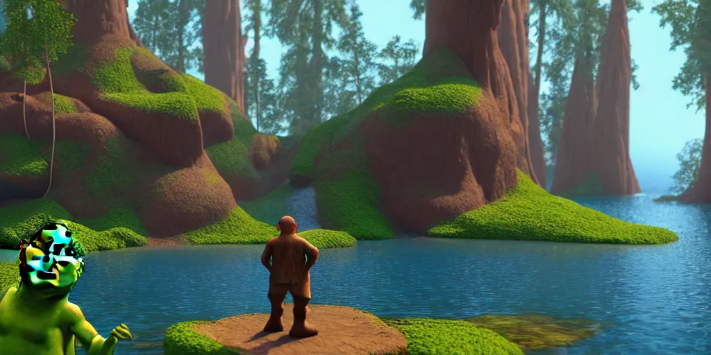 Prompt: myst channelwood age rendered in bryce 3 d with shrek bathing in the water, ray - traced, atmosphere, depth of field, vibrant color, trending on artstation, ultra high detail, ultra realistic, cinematic, focused