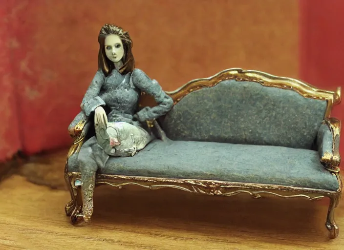 Prompt: Images on the store website, eBay, Full body, Miniature of a woman on a sofa