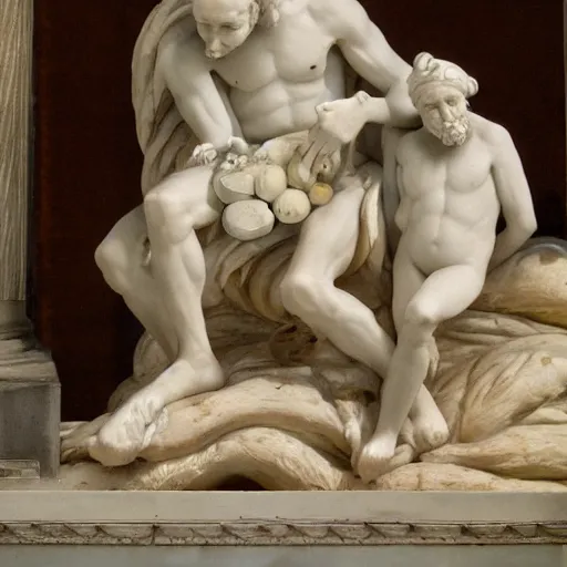 Image similar to people with the head of onions, sculture by michelangelo