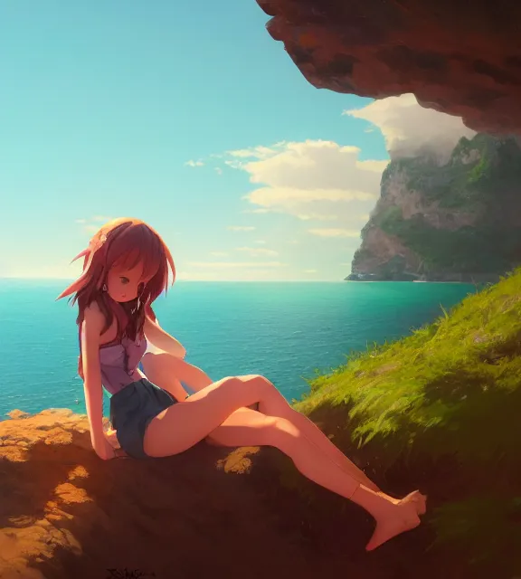 Image similar to a girl sitting on a cliff overlooking a beach. vivid colors, soft lighting, atmospheric, cinematic, moody, in the style of ilya kuvshinov and range murata, krenz cushart, oil on canvas, 8 k