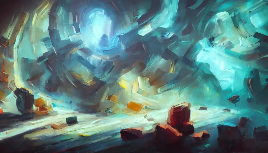 Image similar to enigma abstract, scape room, oil painting by jama jurabaev, brush hard, artstation, for aaa game, high quality, brush stroke