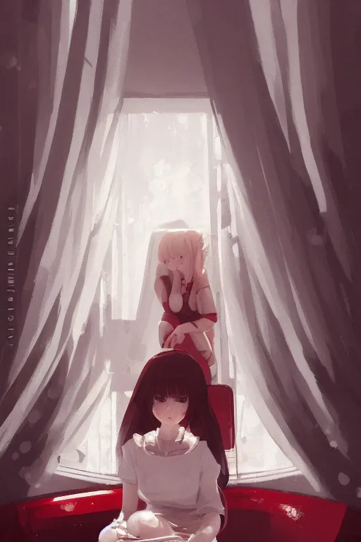 Image similar to a cute young woman sitting in a white bubble chair, cozy setting, red and white, warm lighting, cinematic, moody, nier automata, poster, oil on canvas, in the style of Ilya Kuvshinov, Krenz Cushart, Range Murata, Eero Aarnio, 8k