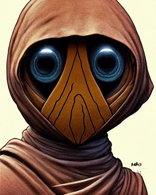 Image similar to jawa from star wars, character portrait, portrait, close up, concept art, intricate details, highly detailed by moebius