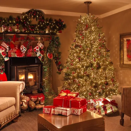 Prompt: interior of a cozy basement with christmas decorations, hd photo