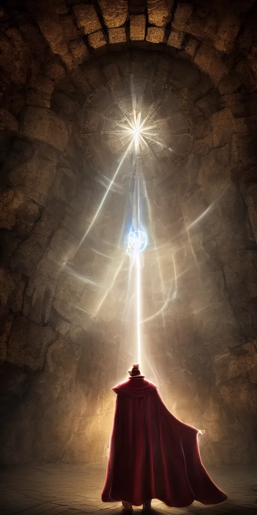 Prompt: a wizard in a cloak standing in front of a portal to wisdom, tall door, high ceiling, magic light, light beam, cinematic atmosphere, high definition, ultra detailed