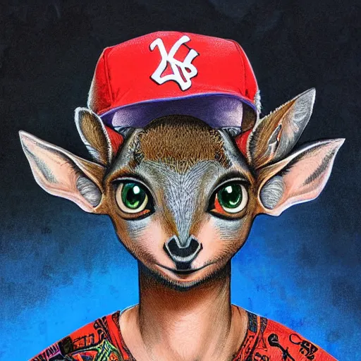 Image similar to a dik dik with tattoos wearing a baseball hat, colorful, digital art, fantasy, magic, trending on artstation, ultra detailed, professional illustration by basil gogos