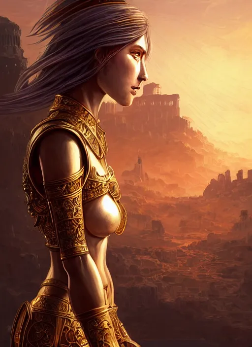 Image similar to portrait knights of zodiac girl, golden and copper shining armor, in ruined agora of athens sunrise, ssci - fi and fantasy, intricate and very very beautiful and elegant, highly detailed, digital painting, artstation, concept art, smooth and sharp focus, illustration, art by tian zi and ilya kuvshinov and wlop and z - - ed