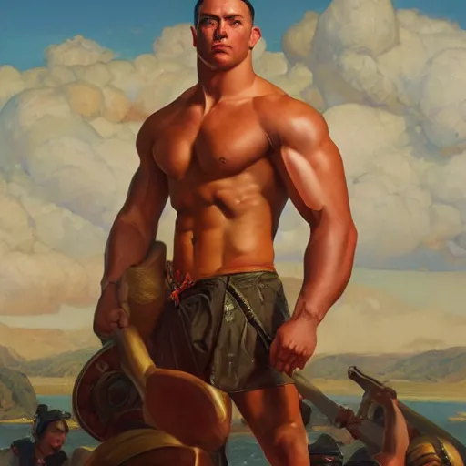 Image similar to the ultimate Peruvian gigachad, muscular man, oil on canvas artstation by J. C. Leyendecker and Edmund Blair Leighton and Charlie Bowater octane render