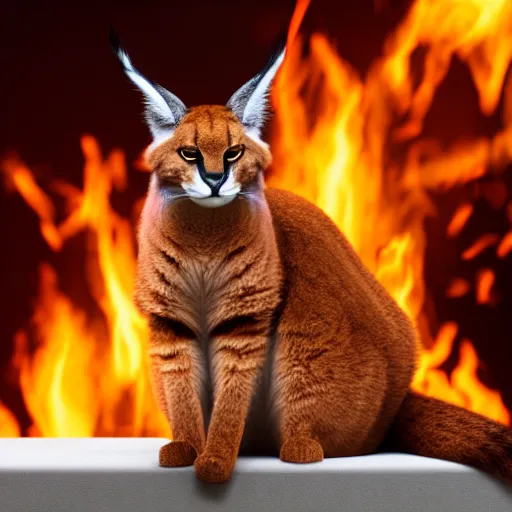 Image similar to wide-angle photo of fluffy cute caracal sitting on a chair in a room, flames of fire at background, octane render, 3d, 8k, hd, studio light